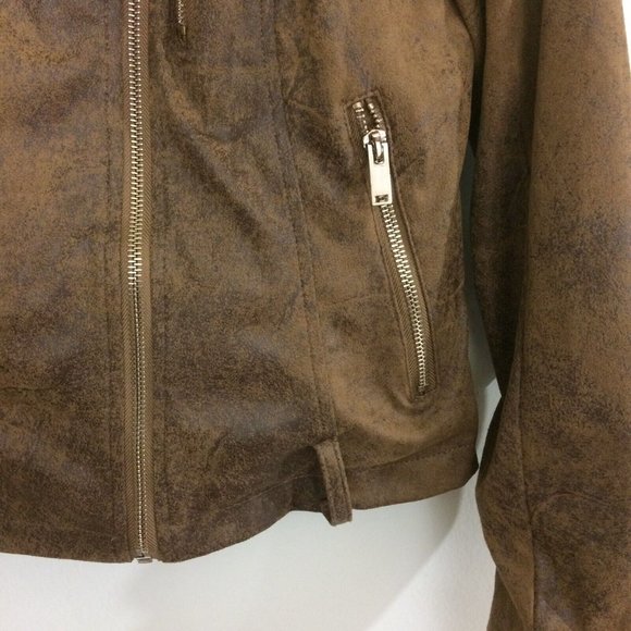 BNCI Faux Suede Asymmetrical Zip Long Sleeve Brown Moto Jacket Distressed Medium - Picture 4 of 9